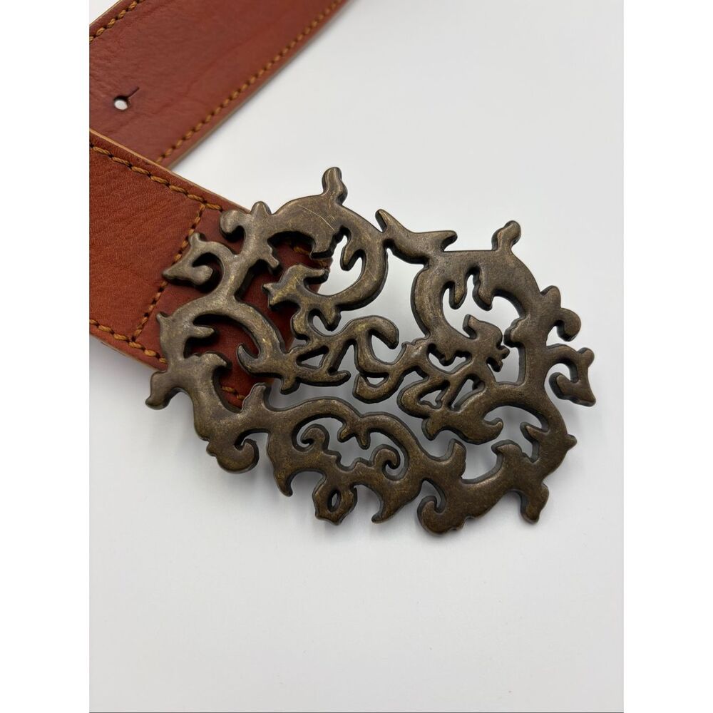 Hugo Boss Women’s Cognac Leather Wide Statement Belt Ornate Antiqued Buckle - Picture 4 of 12